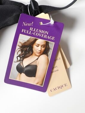 NWT Cacique Illusion Full Coverage Bra US 42F Black Satin Underwire Mesh FLAW